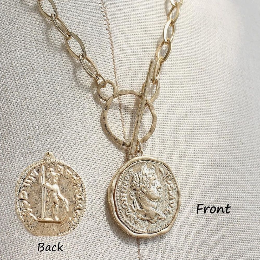 14K Gold Coin Medallion Necklace Chunky Toggle Chain Statement Pendant 18” Bold - Picture 4 of 5